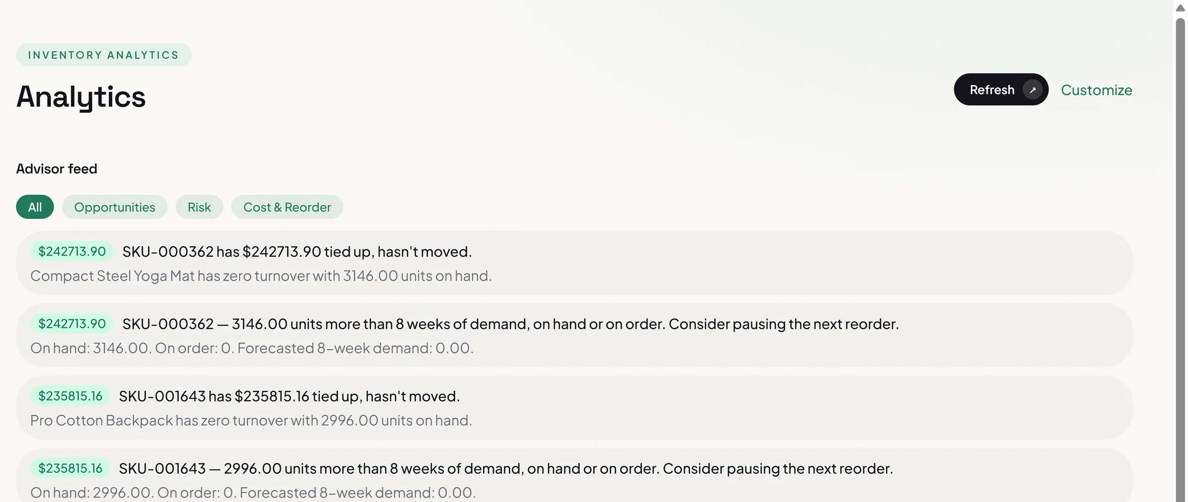 Analytics advisor feed narrating dead-stock and overstock findings per SKU